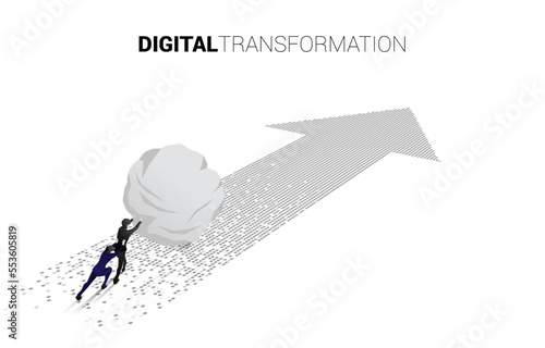 Silhouette of businessman pushing the big rock on the arrow from pixel. concept of digital transformation of business.