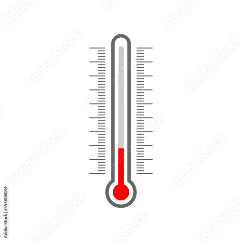 Meteorological thermometer glass tube silhouette and Celsius and Fahrenheit degree scale. Temperature measuring, climate control tool isolated on white background. Vector flat illustration photo