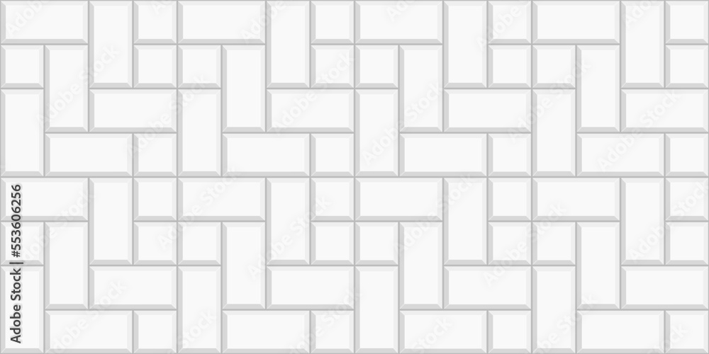 White cobblestone tile background. Sidewalk texture. Stone or ceramic brick wall pattern. Kitchen backsplash mosaic surface. Bathroom, shower or toilet floor decoration. Vector flat illustration