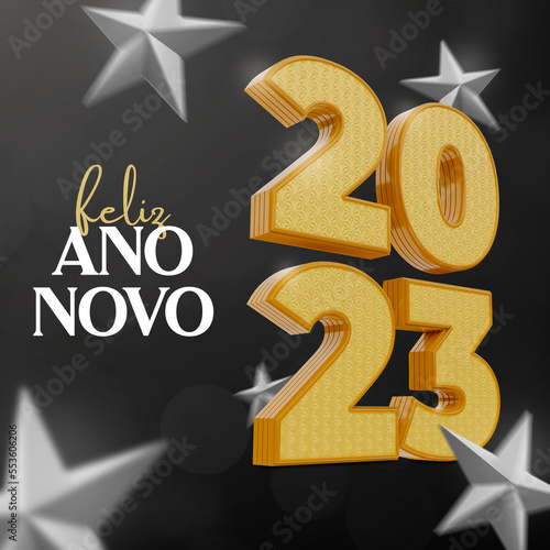 Feliz Ano Novo 2023, arte pronto com estrelas e fundo preto photo