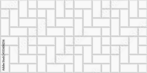 White cobblestone tile background. Sidewalk texture. Stone or ceramic brick wall pattern. Kitchen backsplash mosaic surface. Bathroom, shower or toilet floor decoration. Vector flat illustration
