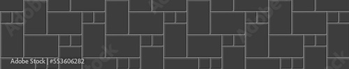 Black herringbone inserted tile horizontal background. Causeway texture. Stone or ceramic brick wall. Kitchen backsplash mosaic surface. Bathroom, shower or toilet floor. Vector flat illustration