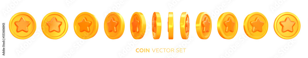 Coin turnaround, rotation at different angles for animation. Turnover of a coin with a star. Rotating in different positions. A set of 3d money in different directions. Vector illustration Coin turnaround, rotation at different angles for animation. Turnover of a coin with a star. Rotating in different positions. A set of 3d money in different directions. Vector illustration