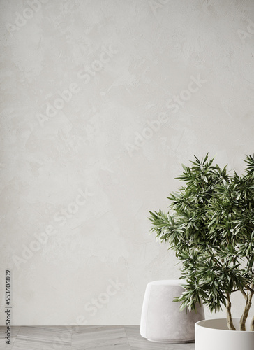 Vertical wall blank with beige plaster. Delicate Mediterranean style. Light colors - white, ivory, tan. 3d render photo