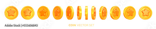Coin turnaround, rotation at different angles for animation. Turnover of a coin with a star. Rotating in different positions. A set of 3d money in different directions. Vector illustration