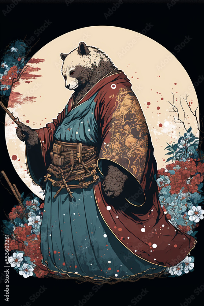 panda samurai, created by a neural network, Generative AI technology  Illustration Stock