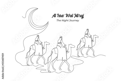 Continuous one line drawing islamic day Al isra Miraj means the two parts of a Night Journey. Islamic events concept. Single line draw design vector graphic illustration.