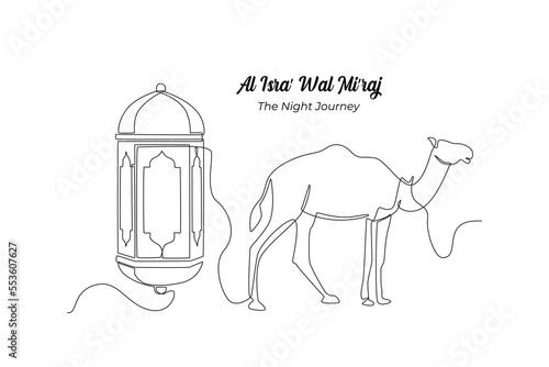Continuous one line drawing lantern and camel. Isra Miraj Islamic events concept. Single line draw design vector graphic illustration.