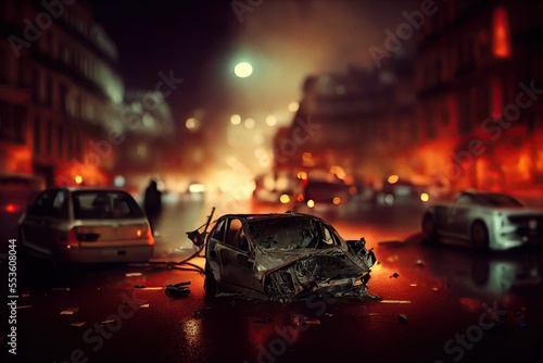 A damaged and smashed car wreck in a city at night. After a street accident collision, rolledover generic cars smashed and burning. An idea of first aid and drive insurance ad concept.