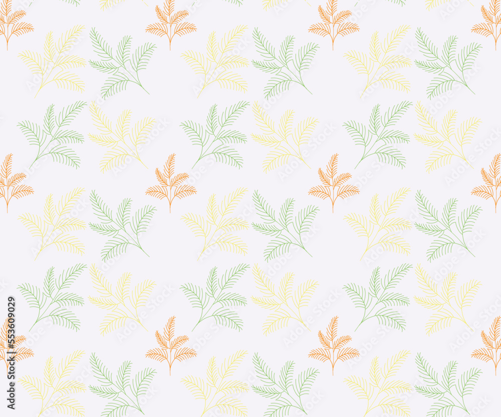 Tropical plants vector repeat pattern in green, orange and yellow color plants with pearl white color background.
