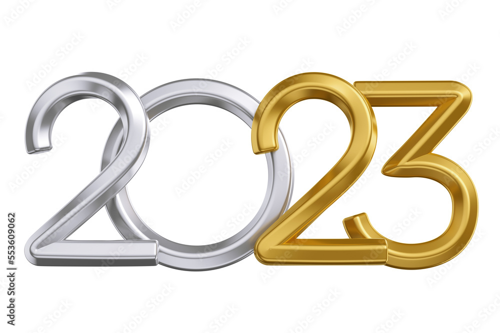 Feliz ano novo 2023 escrita prata e dourada em 3D Isolada Feliz ano novo 2023 escrita prata e dourada em 3D Isolada