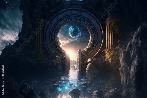 the light of evden a portal ancient gate in the middle of the waters, waters in the celestial sphere of peace, neverland dreamy cosmic beings surrounding in naturef 3d rendering photo