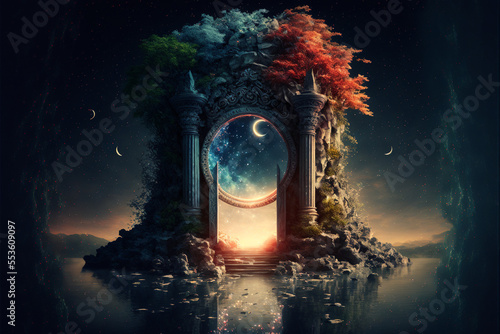 the light of evden a portal ancient gate in the middle of the waters, waters in the celestial sphere of peace, neverland dreamy cosmic beings surrounding in naturef 3d rendering photo