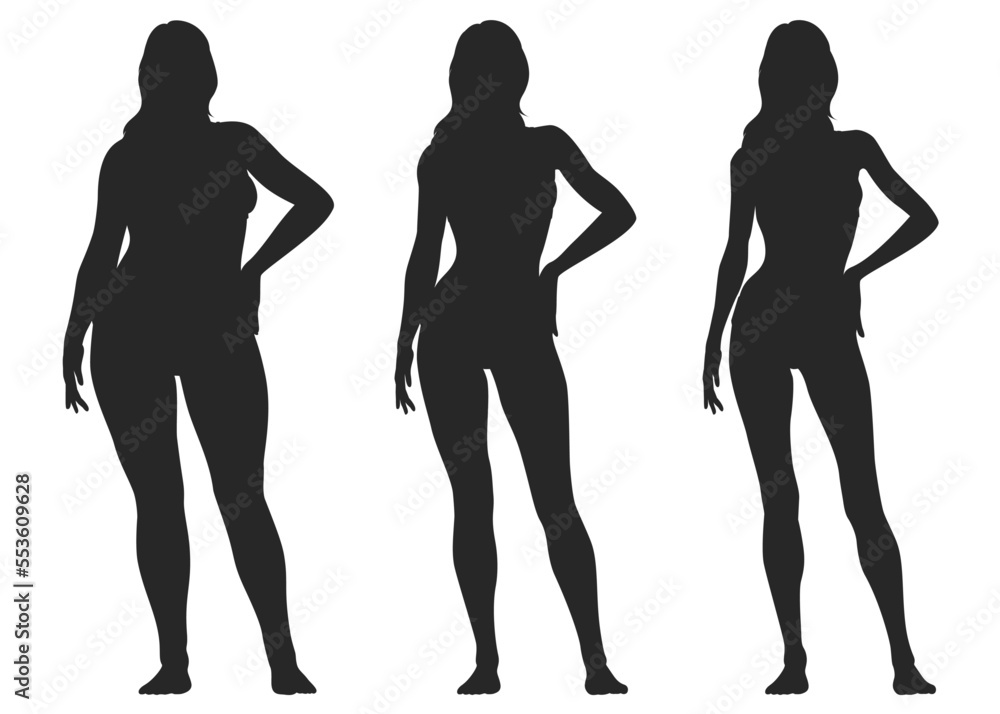 女性の体型比較シルエットセット 太った体型からモデル体型までのビフォーアフター全身イラスト