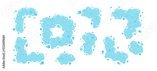 Cartoon soap bubble border, blue foam vector frame, shower suds, laundry background, wash shampoo, shower bath, water soda, air icon isolated on white background. Fun abstract illustration