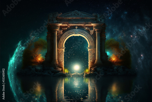 the light of evden a portal ancient gate in the middle of the waters, waters in the celestial sphere of peace, neverland dreamy cosmic beings surrounding in naturef 3d rendering photo