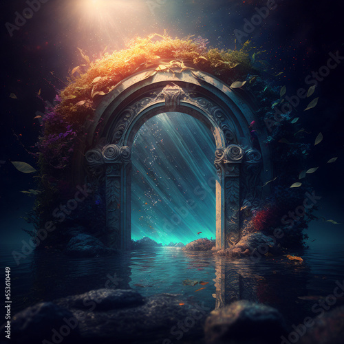 the light of evden a portal ancient gate in the middle of the waters  waters in the celestial sphere of peace  neverland dreamy cosmic beings surrounding in naturef 3d rendering