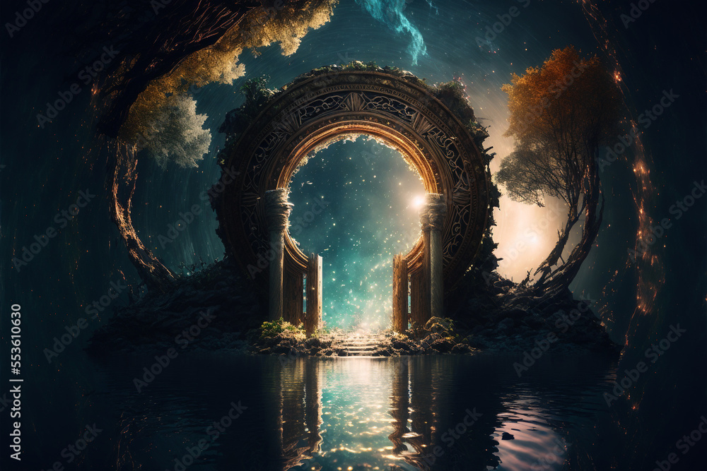 the light of evden a portal ancient gate in the middle of the waters, waters in the celestial sphere of peace, neverland dreamy cosmic beings surrounding in naturef 3d rendering the light of evden a portal ancient gate in the middle of the waters, waters in the celestial sphere of peace, neverland dreamy cosmic beings surrounding in naturef 3d rendering