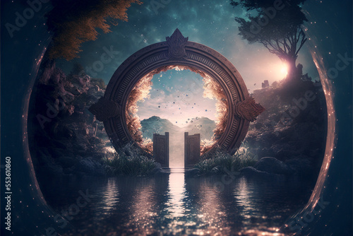 the light of evden a portal ancient gate in the middle of the waters  waters in the celestial sphere of peace  neverland dreamy cosmic beings surrounding in naturef 3d rendering