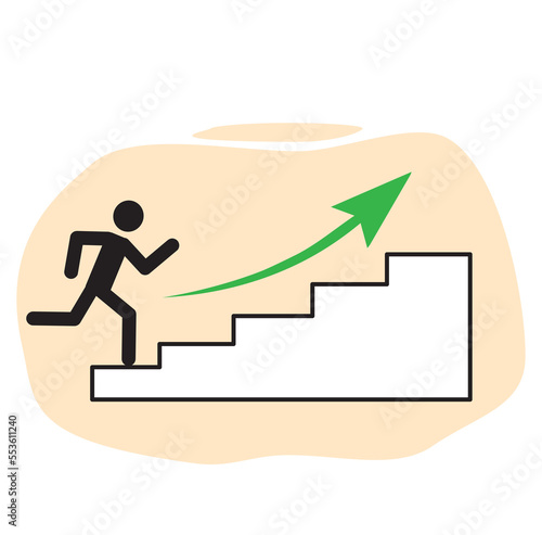 stick man running up the stairs, green arrow direction of movement, business development concept, success, striving forward, pictograms of the human figure