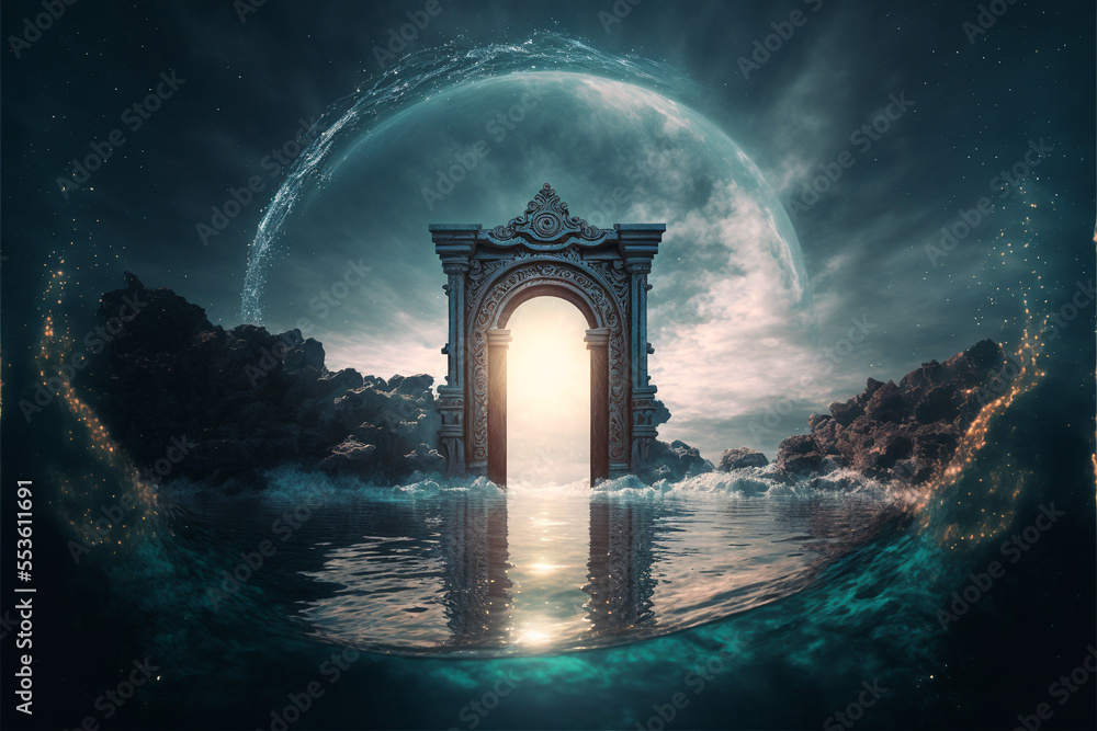 Naklejka premium the light of evden a portal ancient gate in the middle of the waters, waters in the celestial sphere of peace, neverland dreamy cosmic beings surrounding in naturef 3d rendering