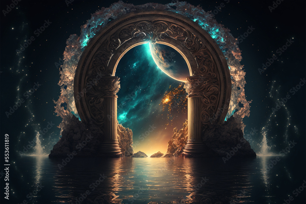 Fototapeta premium the light of evden a portal ancient gate in the middle of the waters, waters in the celestial sphere of peace, neverland dreamy cosmic beings surrounding in naturef 3d rendering