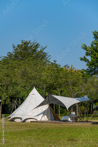 Camping tents on the park lawn