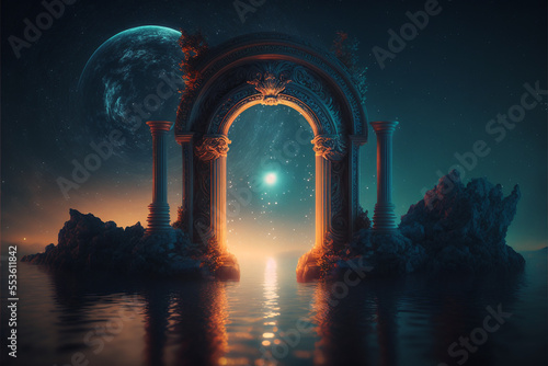 the light of evden a portal ancient gate in the middle of the waters, waters in the celestial sphere of peace, neverland dreamy cosmic beings surrounding in naturef 3d rendering