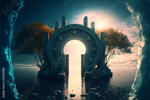 the light of evden a portal ancient gate in the middle of the waters, waters in the celestial sphere of peace, neverland dreamy cosmic beings surrounding in naturef 3d rendering photo