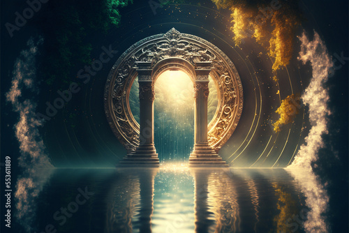 the light of evden a portal ancient gate in the middle of the waters, waters in the celestial sphere of peace, neverland dreamy cosmic beings surrounding in naturef 3d rendering