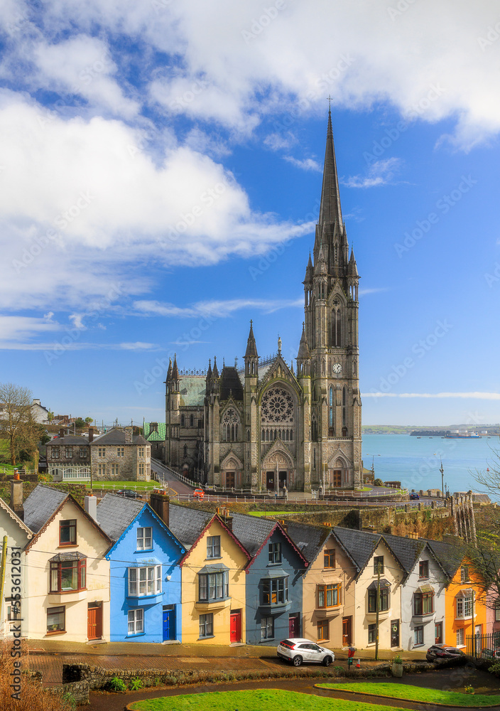 Church and colorful row houses in Cobh, Ireland Church and colorful row houses in Cobh, Ireland