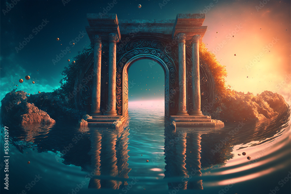 Naklejka premium the light of evden a portal ancient gate in the middle of the waters, waters in the celestial sphere of peace, neverland dreamy cosmic beings surrounding in naturef 3d rendering