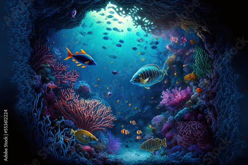 Underwater world at the depth of the ocean. Underwater gorges and tunnel. Lots of underwater organisms and fish. Underwater deep world  sea darkness  algae glow  blue neon  corals. AI