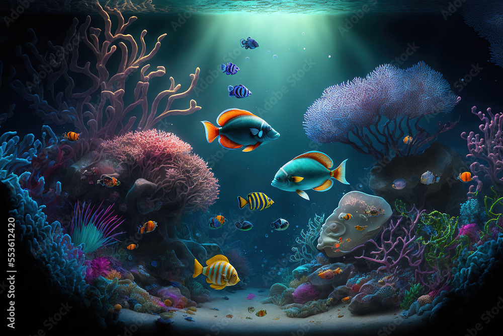 Obraz premium Underwater world at the depth of the ocean. Underwater gorges and tunnel. Lots of underwater organisms and fish. Underwater deep world, sea darkness, algae glow, blue neon, corals. AI