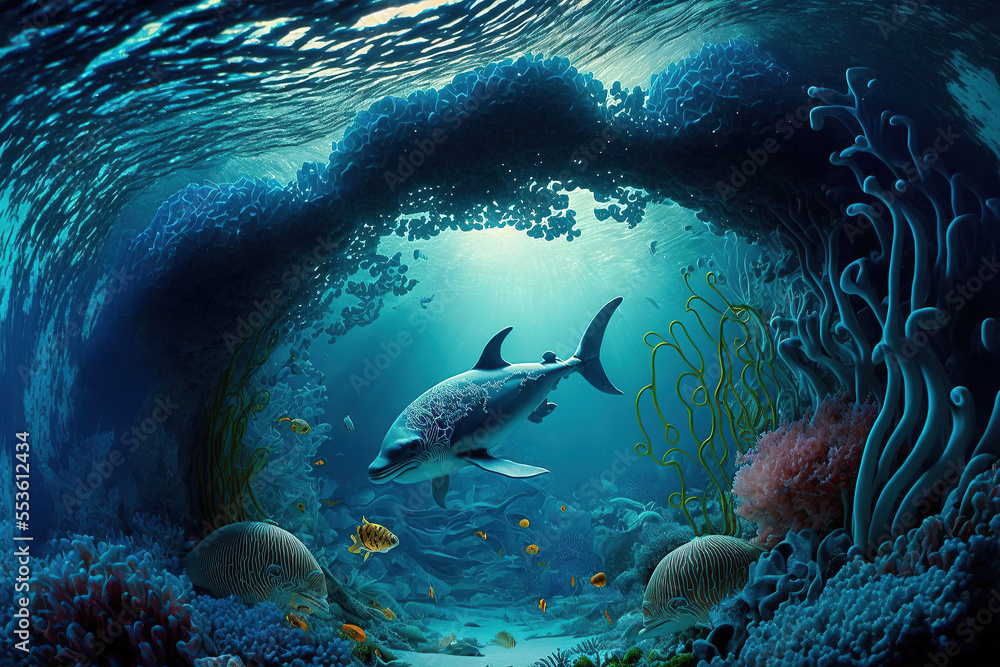 Obraz premium Underwater world at the depth of the ocean. Underwater gorges and tunnel. Lots of underwater organisms and fish. Underwater deep world, sea darkness, algae glow, blue neon, corals. AI