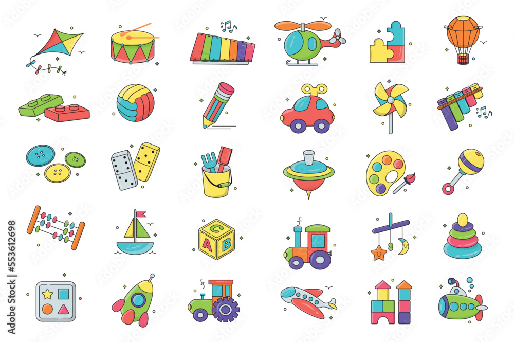 Kids toys isolated graphic elements set in flat design. Bundle of kite, drum, xylophone, helicopter, puzzles, balloon, constructor, ball, pencil, car, buttons, dominoes and other. Vector illustration.