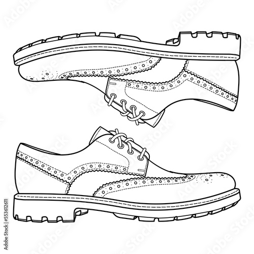 Vector hand drawing illustration with autumn or spring men brogue fashion shoes, side view . Doodle outline illustration