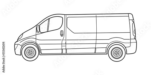 Classic van car. Side view shot. Outline doodle vector illustration