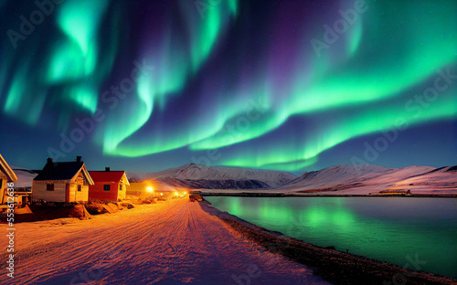 Houses with Northern Lights. Aurora Borealis Polar Light at Night.