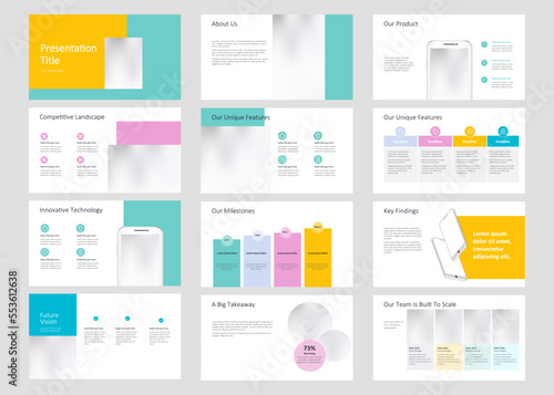 Business or Pitch Presentation Template with Infographics and Multiple Layout: 12 slide layouts with category columns, phone mockups, highlights, bullets, milestones, teams, and more