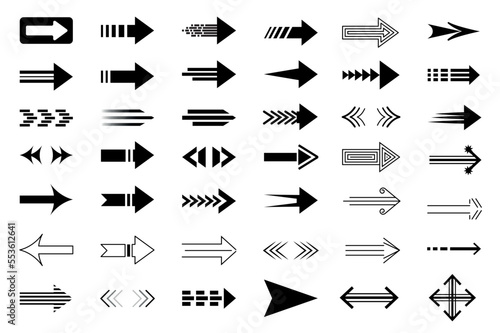 Arrows isolated graphic elements set in flat design. Bundle of different black line cursors and directions pointers, navigation arrowhead buttons for application interface. Vector illustration.