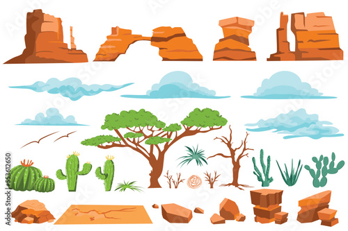 Desert nature isolated graphic elements set in flat design. Bundle of different shape mountains and rocks, stones, clouds in sky, trees, cactus and other plants for arid climate. Vector illustration.