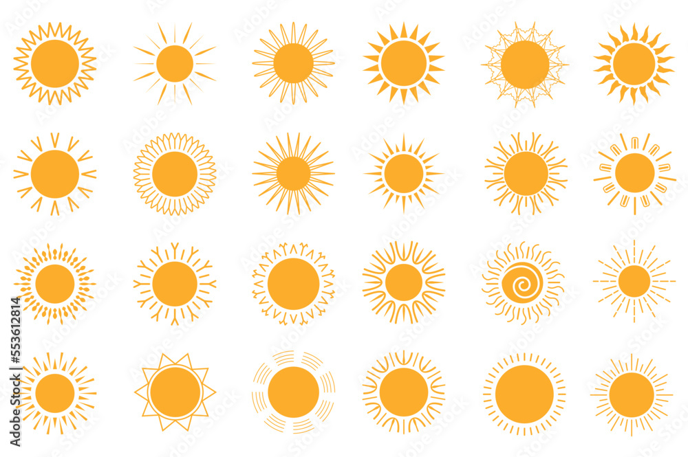 Sun isolated graphic elements set in flat design. Bundle of orange suns with sunlight in different shapes, summer geometric sunny symbols for seasonal decor or weather forecast. Vector illustration. Sun isolated graphic elements set in flat design. Bundle of orange suns with sunlight in different shapes, summer geometric sunny symbols for seasonal decor or weather forecast. Vector illustration.