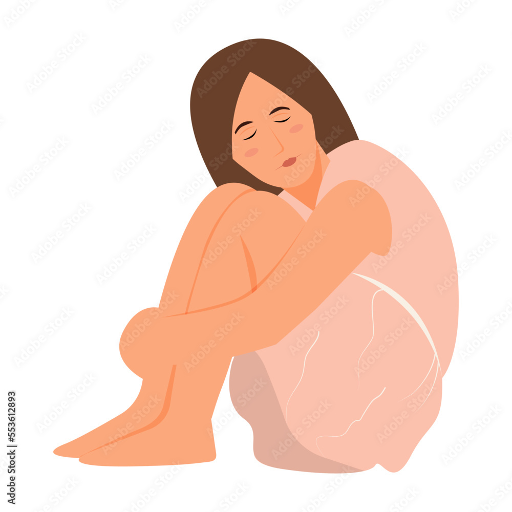 Woman depression, sadness, fatigue, chronic pain, headaches, mental health concept, A woman sits on the floor and hugs her knees, crying. vector illustration Woman depression, sadness, fatigue, chronic pain, headaches, mental health concept, A woman sits on the floor and hugs her knees, crying. vector illustration