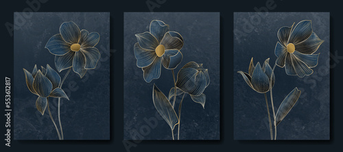 Luxury art background with flowers in blue color with golden elements in art line style. Botanical hand drawn set for print design, decor, wallpaper, interior design, textile.
