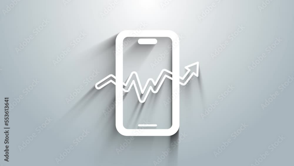 White Mobile stock trading concept icon isolated on grey background. Online trading, stock market analysis, business and investment. 4K Video motion graphic animation White Mobile stock trading concept icon isolated on grey background. Online trading, stock market analysis, business and investment. 4K Video motion graphic animation