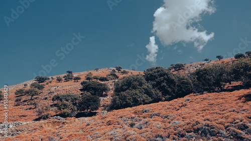 view of a Cloud cluster standing vertically on a clear blue sky with maquis,  trees, greenery on the mountain in an Aegean village