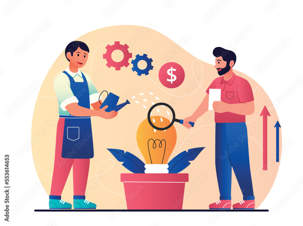 Marketer and seller. Man watering light bulb, his partner or colleague with magnifying glass staring at idea. Financial literacy and passive income, brainstorm. Cartoon flat vector illustration