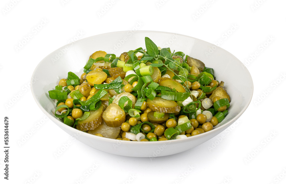 Pickled Gherkins Salad in White Bowl. Chopped Pickled Cucumbers, Canned Green Peas, Green Onions Salat Pickled Gherkins Salad in White Bowl. Chopped Pickled Cucumbers, Canned Green Peas, Green Onions Salat