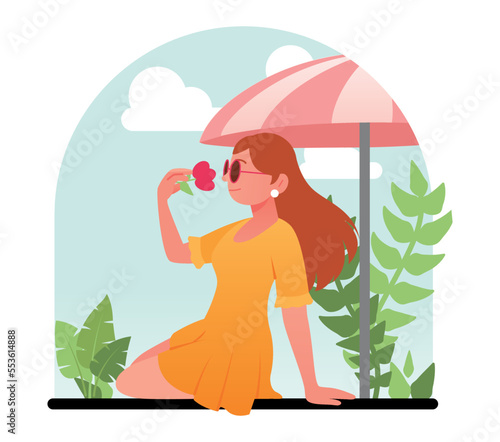 Woman in vacation concept. Young girl in yellow dress smells flower against background of umbrella. Travel and adventure, tourism. Poster or banner for website. Cartoon flat vector illustration